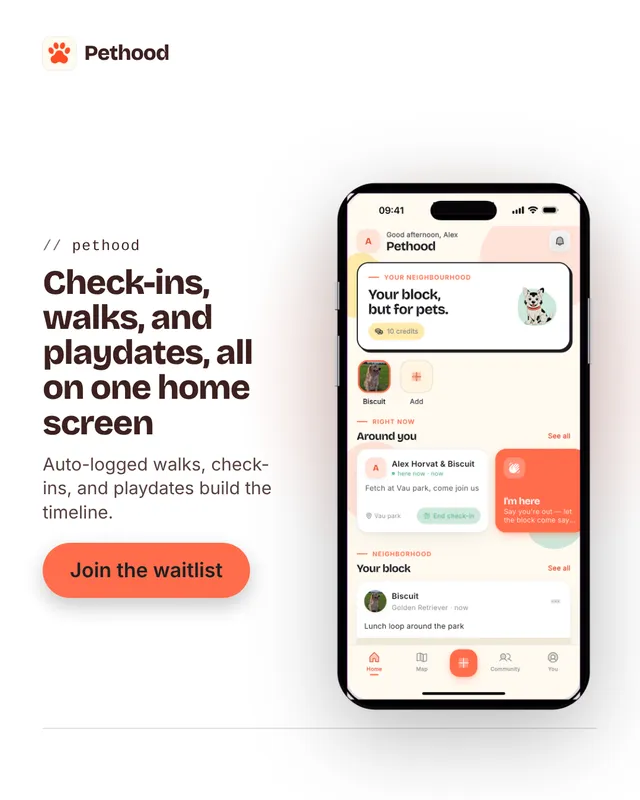 Pethood app home screen turned into a 4:5 ad headlined Check-ins, walks, and playdates, all on one home screen
