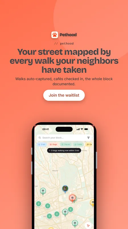 Pethood map screen and the 9:16 story ad headlined Your street mapped by every walk your neighbors have taken