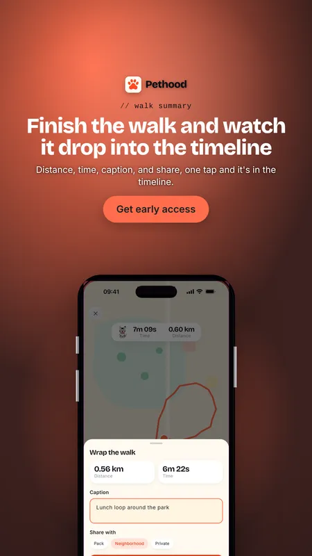 Pethood 9:16 story ad showing the walk summary screen