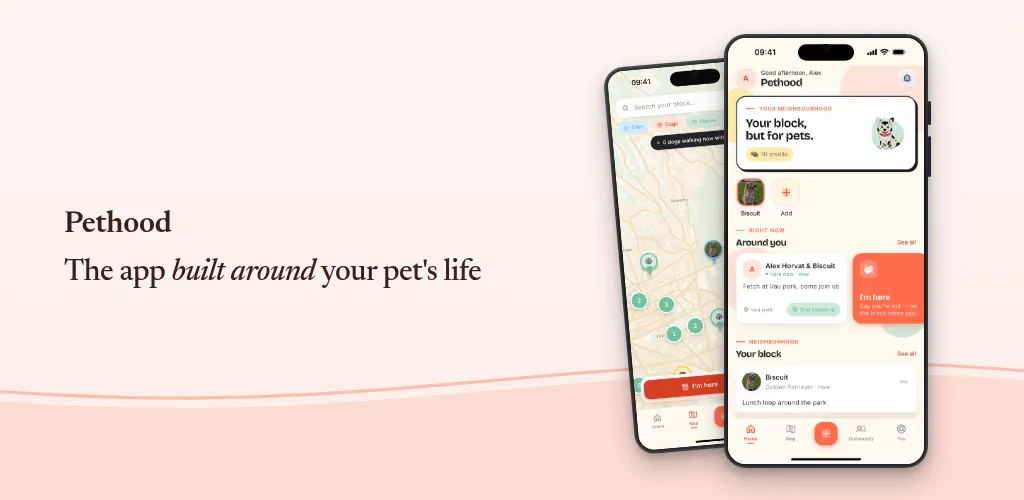 Pethood Google Play feature graphic with two phones