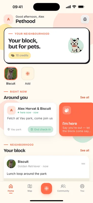 Raw screenshot: Pethood raw home screen and the App Store screenshot with the caption The app built around your pet's life