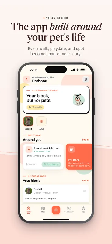 Pethood raw home screen and the App Store screenshot with the caption The app built around your pet's life