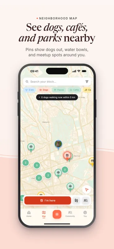 App Store screenshot: See dogs, cafes, and parks nearby