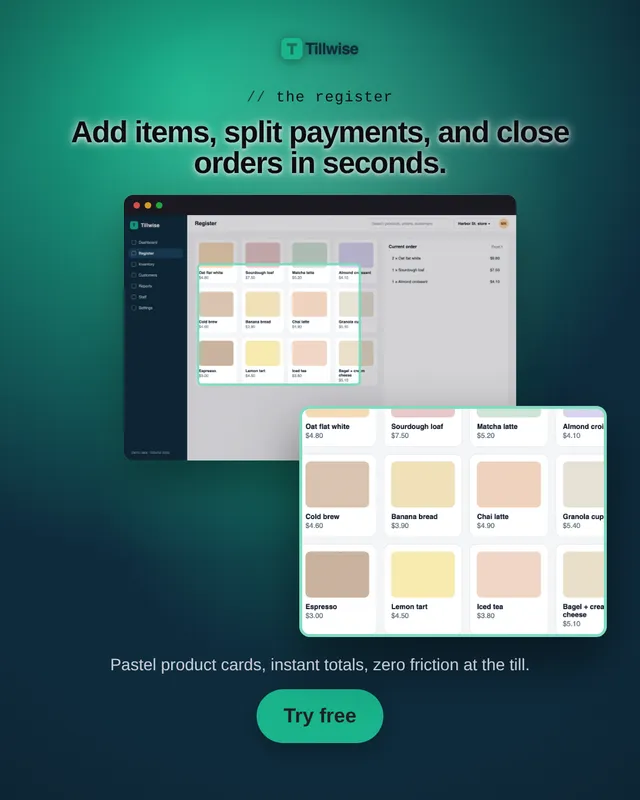 Tillwise POS register screen and the resulting ad headlined Add items, split payments, and close orders in seconds