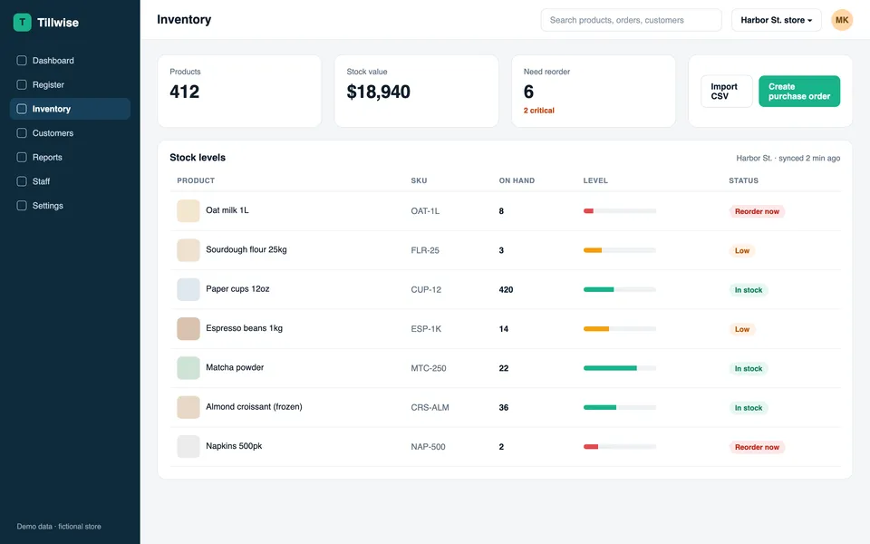 Raw screenshot: Tillwise inventory screen and the resulting 4:5 ad with a zoomed stock table