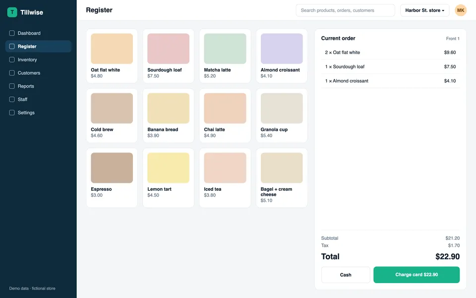 Raw screenshot: Tillwise POS register screen and the resulting ad headlined Add items, split payments, and close orders in seconds