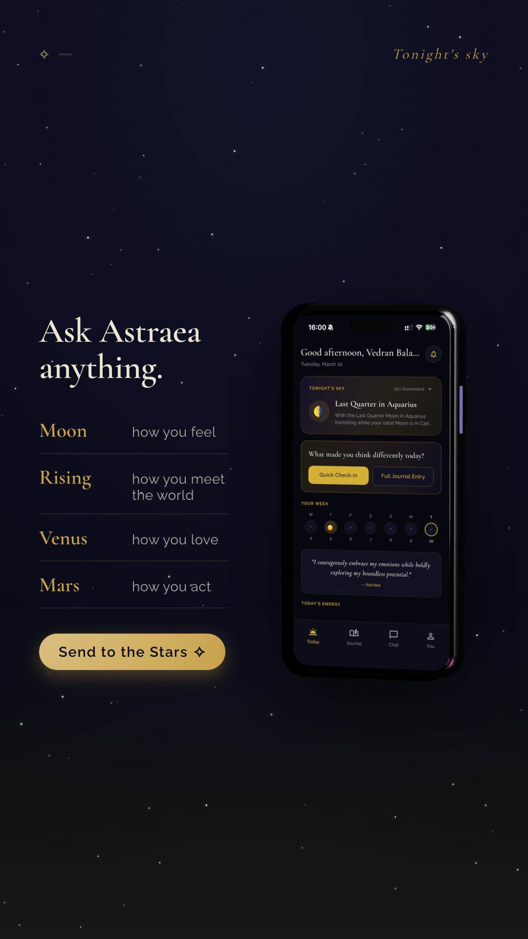 Astraea 9:16 story — “Ask Astraea anything.” beside the real Tonight’s-Sky app screen on an iPhone and an ephemeris of Moon · Rising · Venus · Mars, “Send to the Stars”