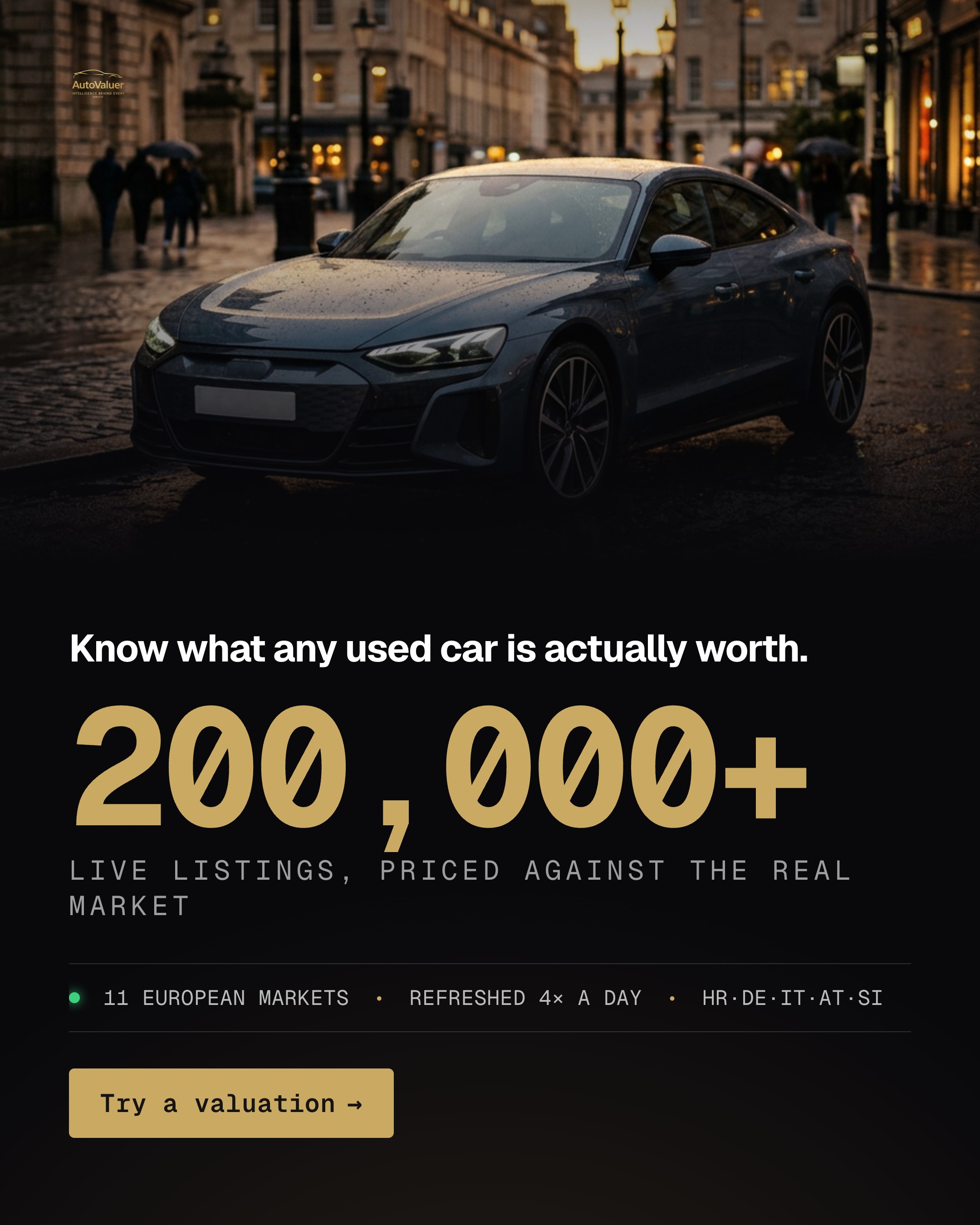 AutoValuer feed ad — “Know what any used car is actually worth”, the mobile web app on an angled 3D phone across 11 European markets, “Get the price”