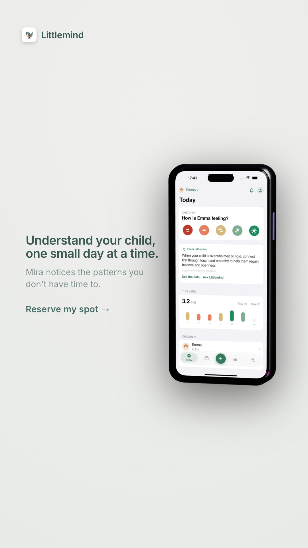 Littlemind 9:16 story — “Understand your child, one small day at a time”, the real check-in app screen on an angled iPhone, “Reserve my spot”
