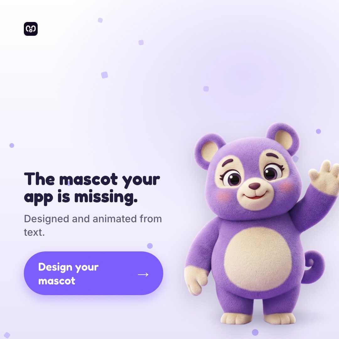 motchi.art 1:1 — “The mascot your app is missing”, a friendly mascot on a confetti field with playful rounded type, “Design your mascot”