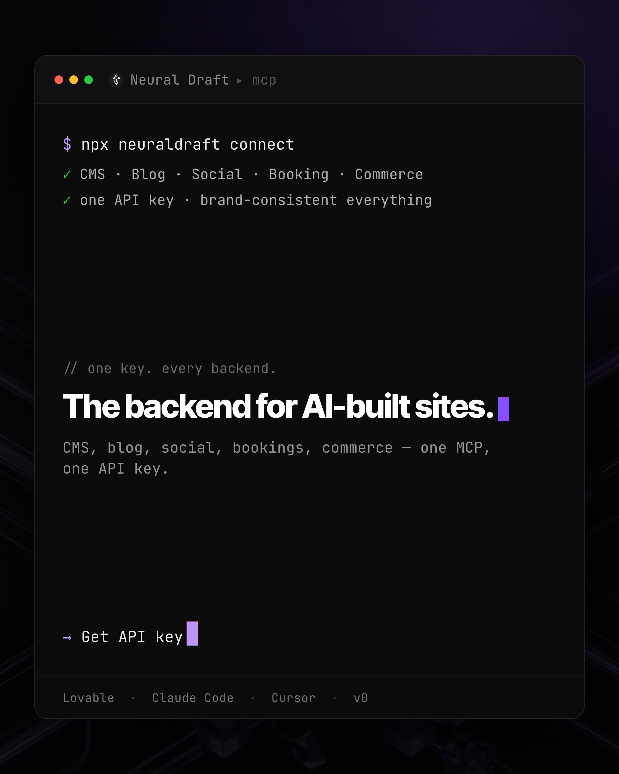 Neural Draft feed ad — “The backend for AI-built sites” over a glowing violet data-node network, “Get API key”
