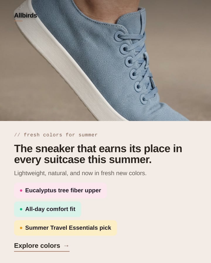 Ad Batchcraft made from allbirds.com: The sneaker that earns its place in every suitcase this summer.