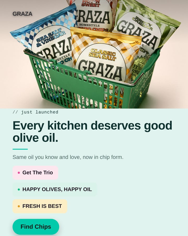 Ad Batchcraft made from graza.co: Every kitchen deserves good olive oil.